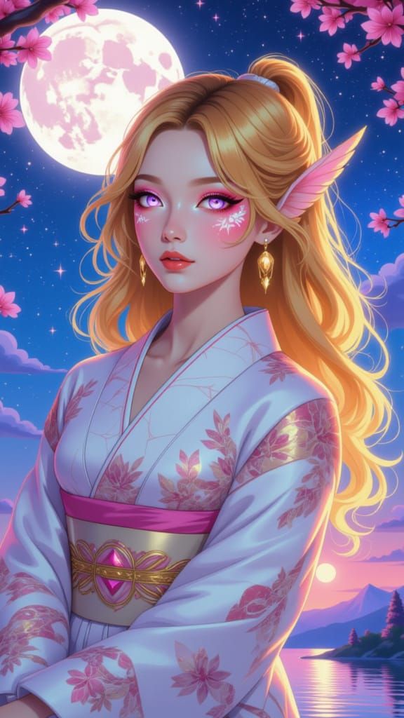 Elven Princess in Ethereal Kimono Under Starry Cosmos
