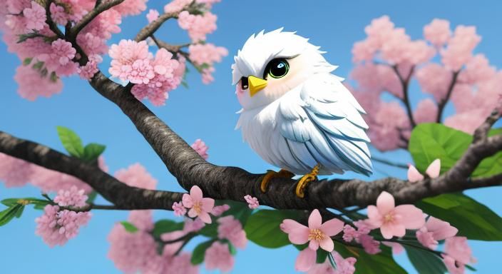 Chibi Bird in Surreal Blossoms, 3D Render