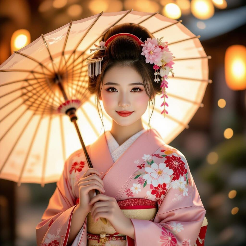 Elegant Japanese Girl in Pink Kimono with Floral Embroidery