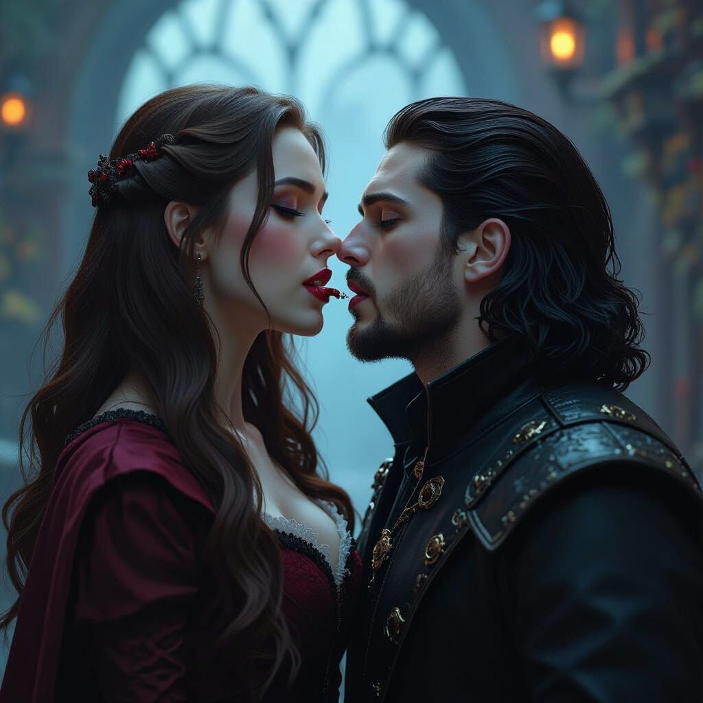 Vampire Girl Biting Boy in Detailed Matte Painting