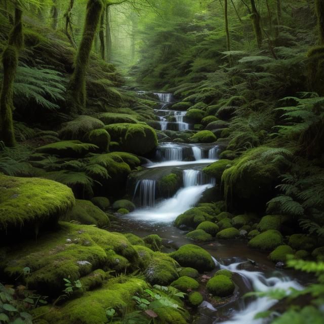 Lush Mossy Forest Brook with Waterfalls