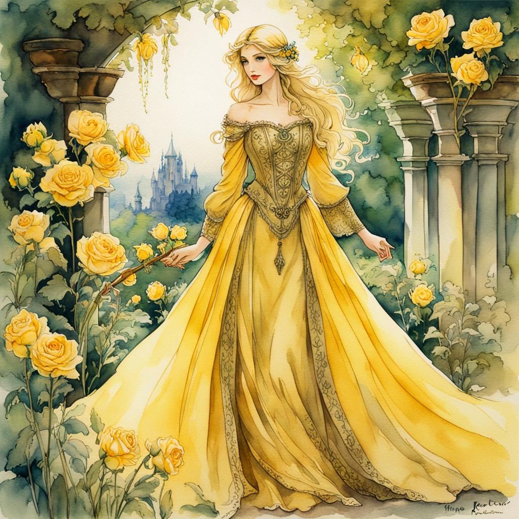 Medieval Maiden in Rose Garden: Arthur Rackham Style