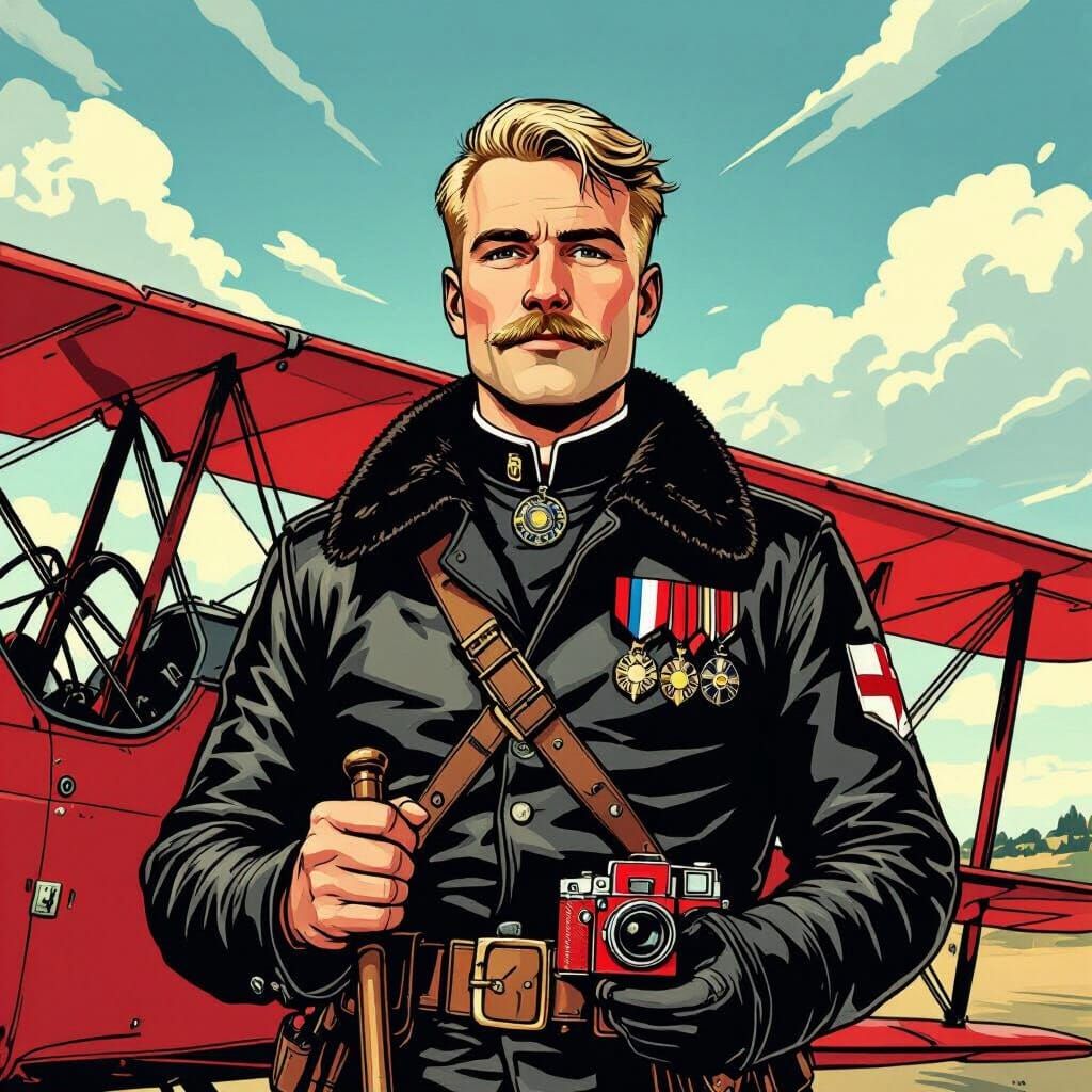 Red Baron Comic Style Portrait with Fokker Triplane