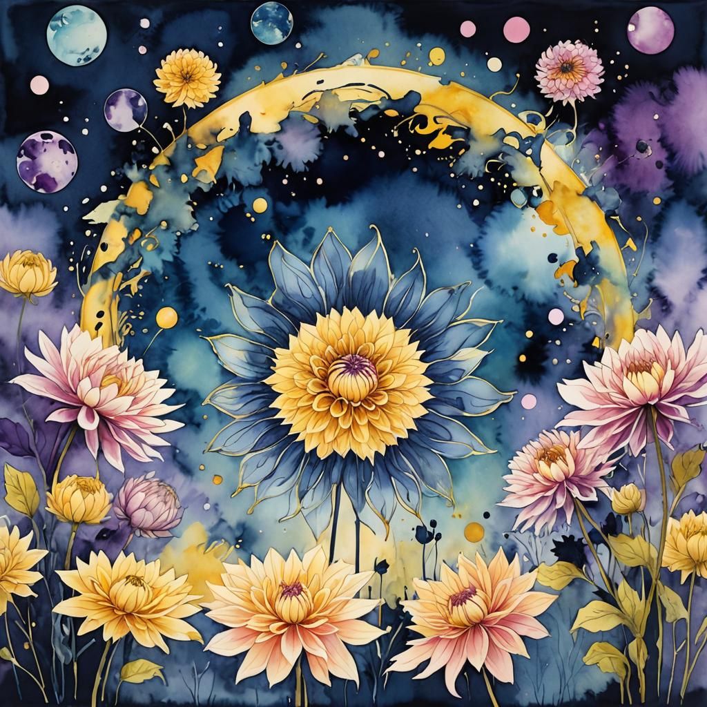 Surreal Dahlia Bloom in Fantasy Illustration Style