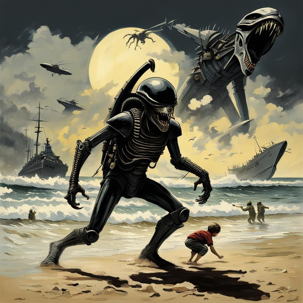 Xenomorph Storming Normandy Beach in Rockwell Style