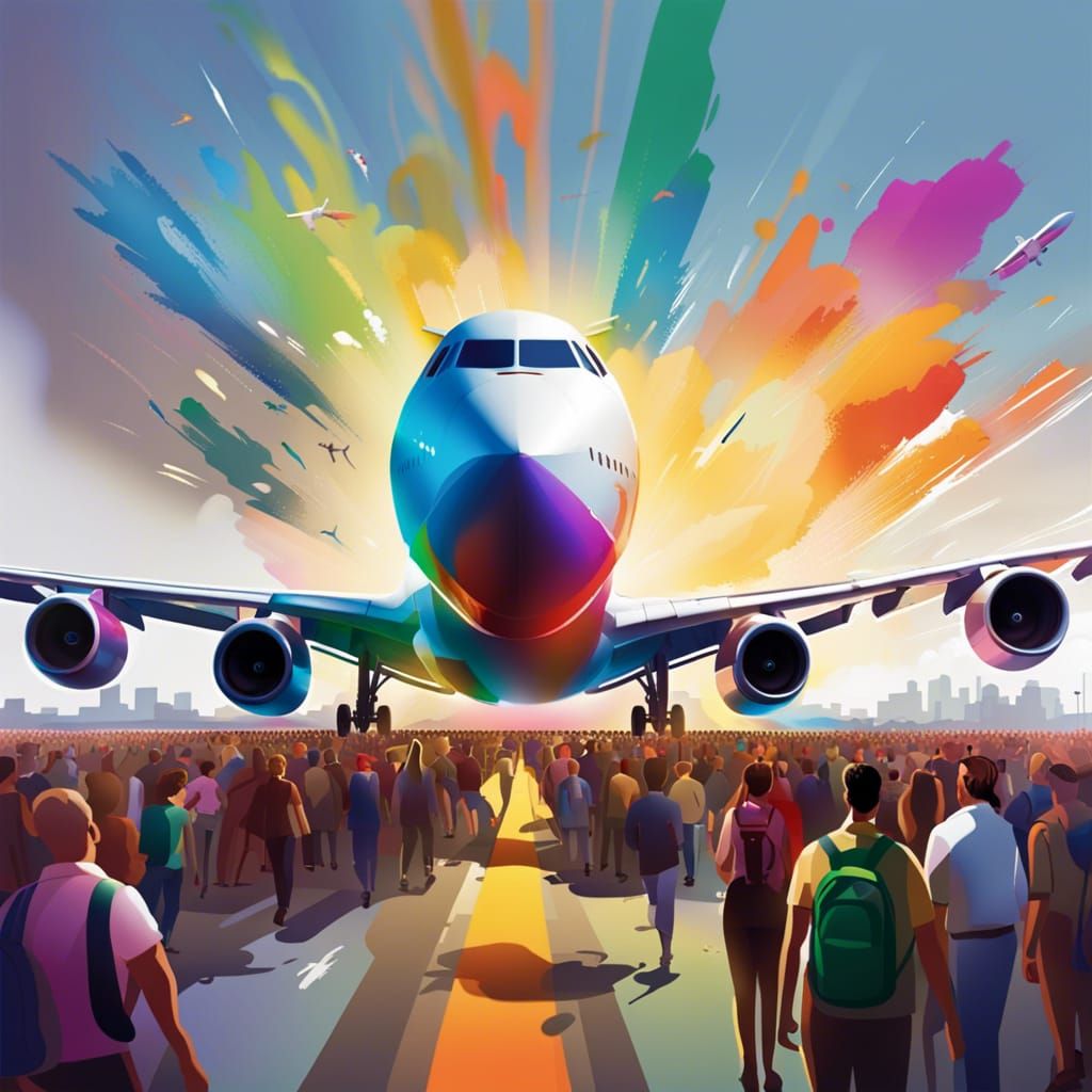 Airplane Takeoff on Bustling Runway: Hyperrealistic Splash A...