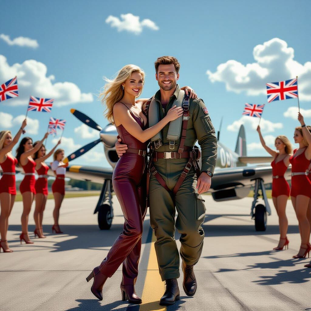 Woman in Burgundy Suit Embraces Spitfire Pilot on Runway