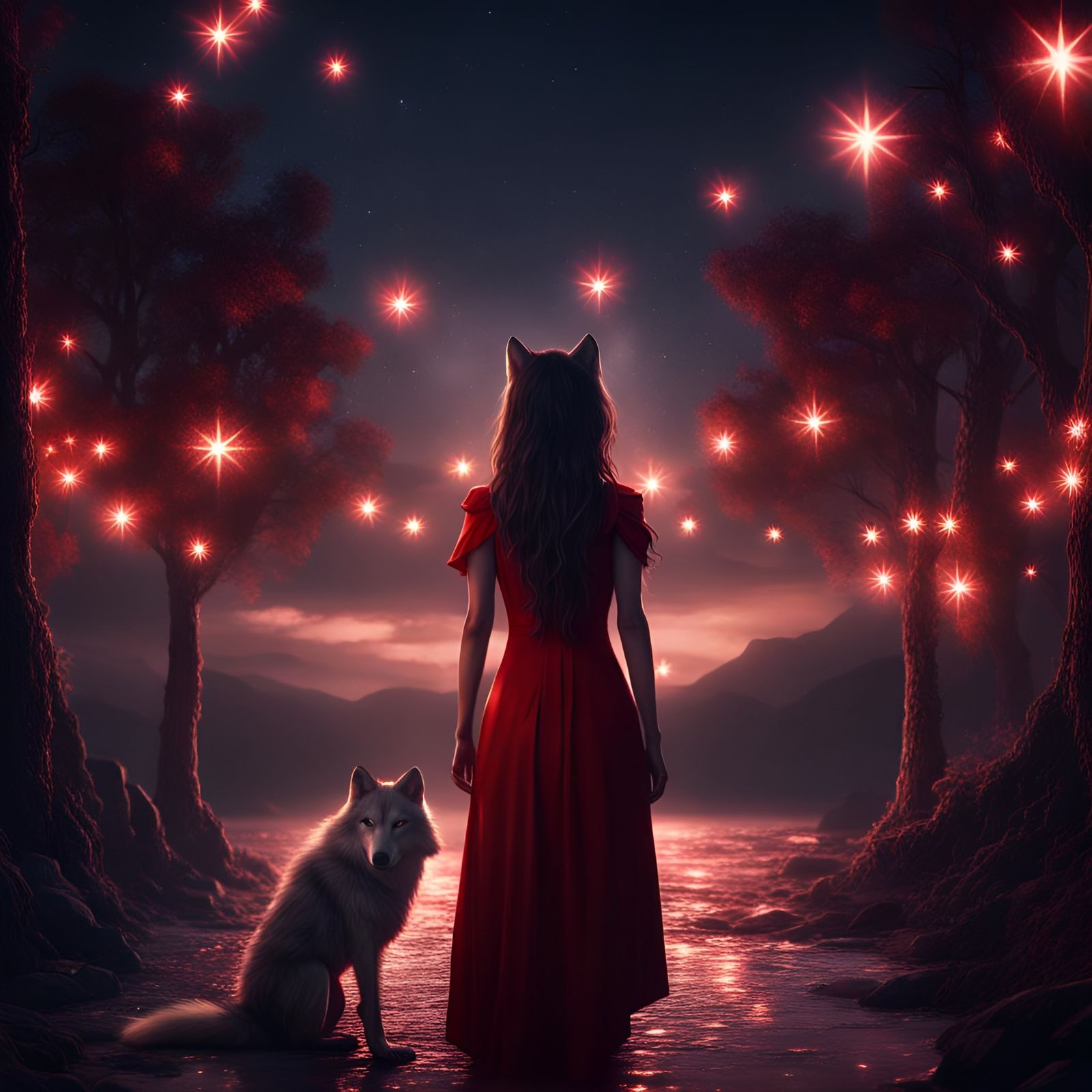Girl and Wolf Gazing at Starry Night Sky