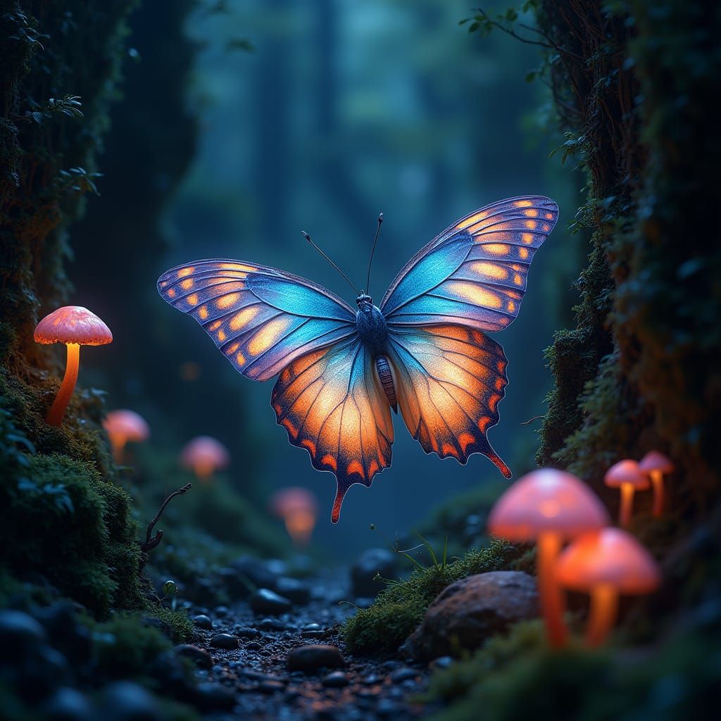 Bioluminescent Butterfly in Glowing Grotto