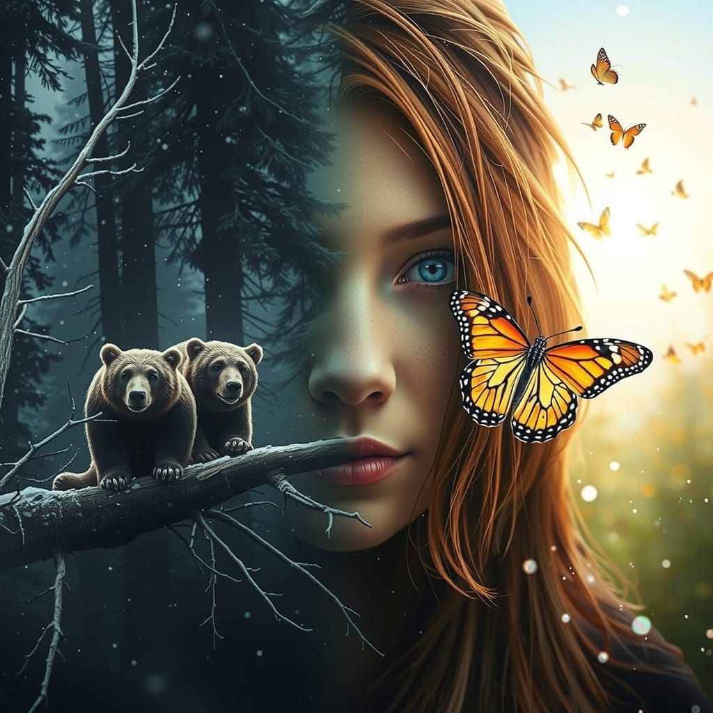 Surreal Double Exposure of Bears in Snowy Forest with Sunny ...