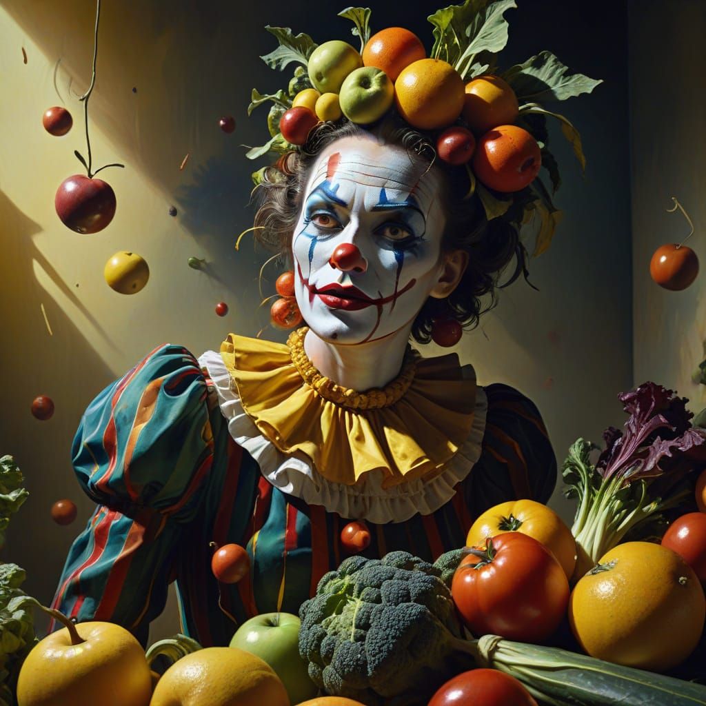 Clown on Stage in Surrealist Style