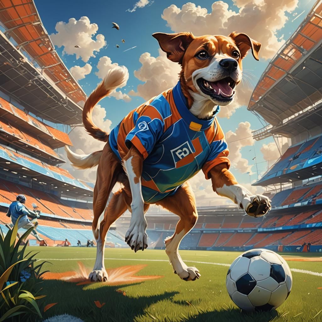 Dog Playing Soccer in Ornate Art Nouveau Stadium