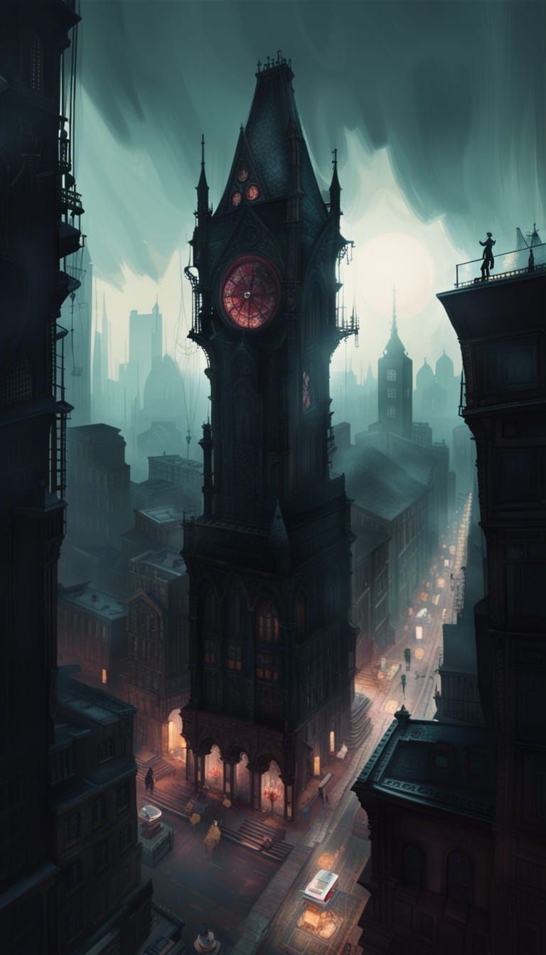 Gothic Cyberpunk Cityscape with Hovering Airship