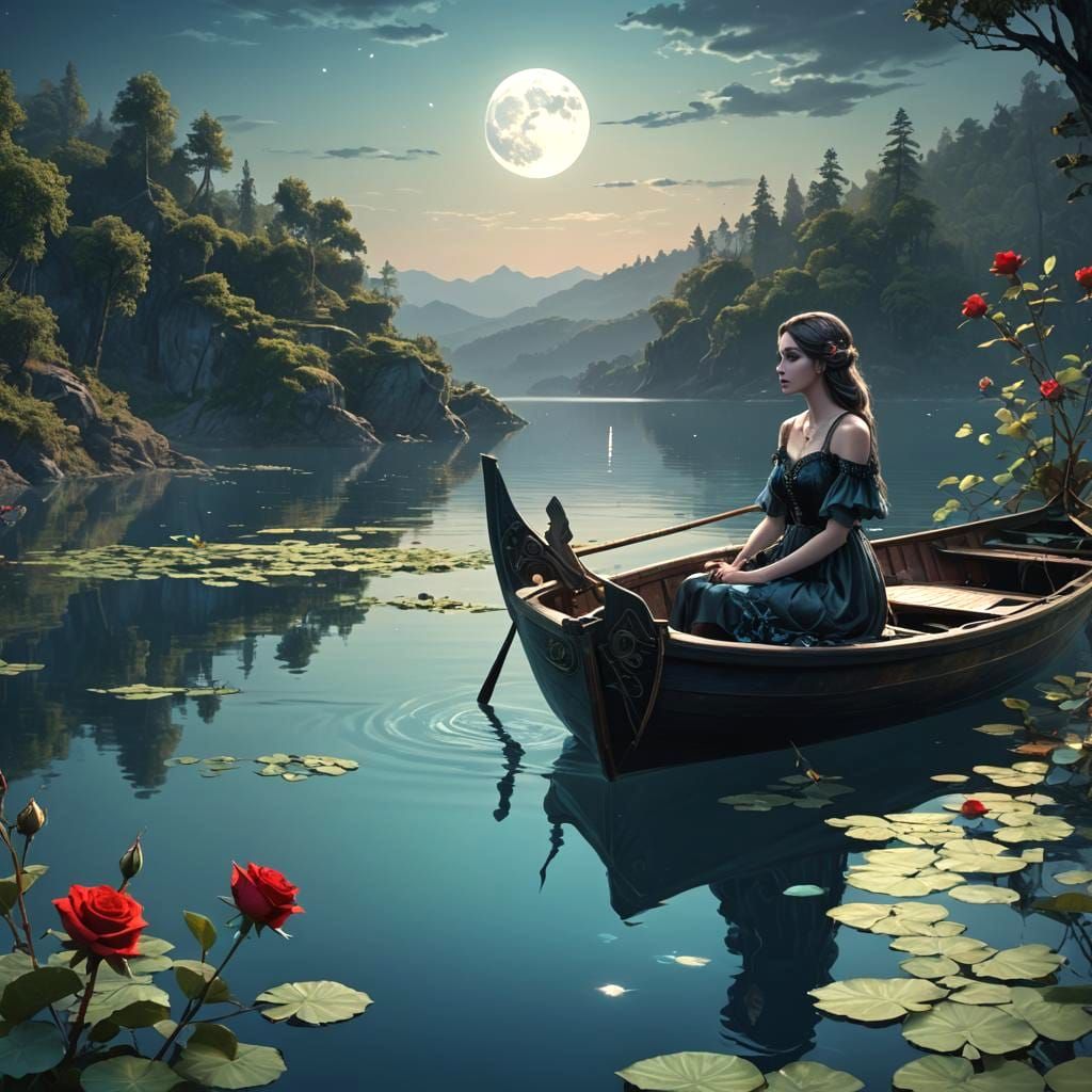 Pixel Character in Boat on Lake: Digital Art