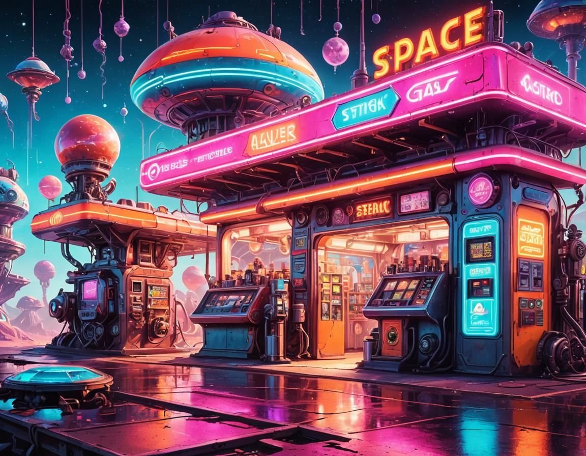 Steampunk Sci-Fi Gas Station on Asteroid as Poster Art