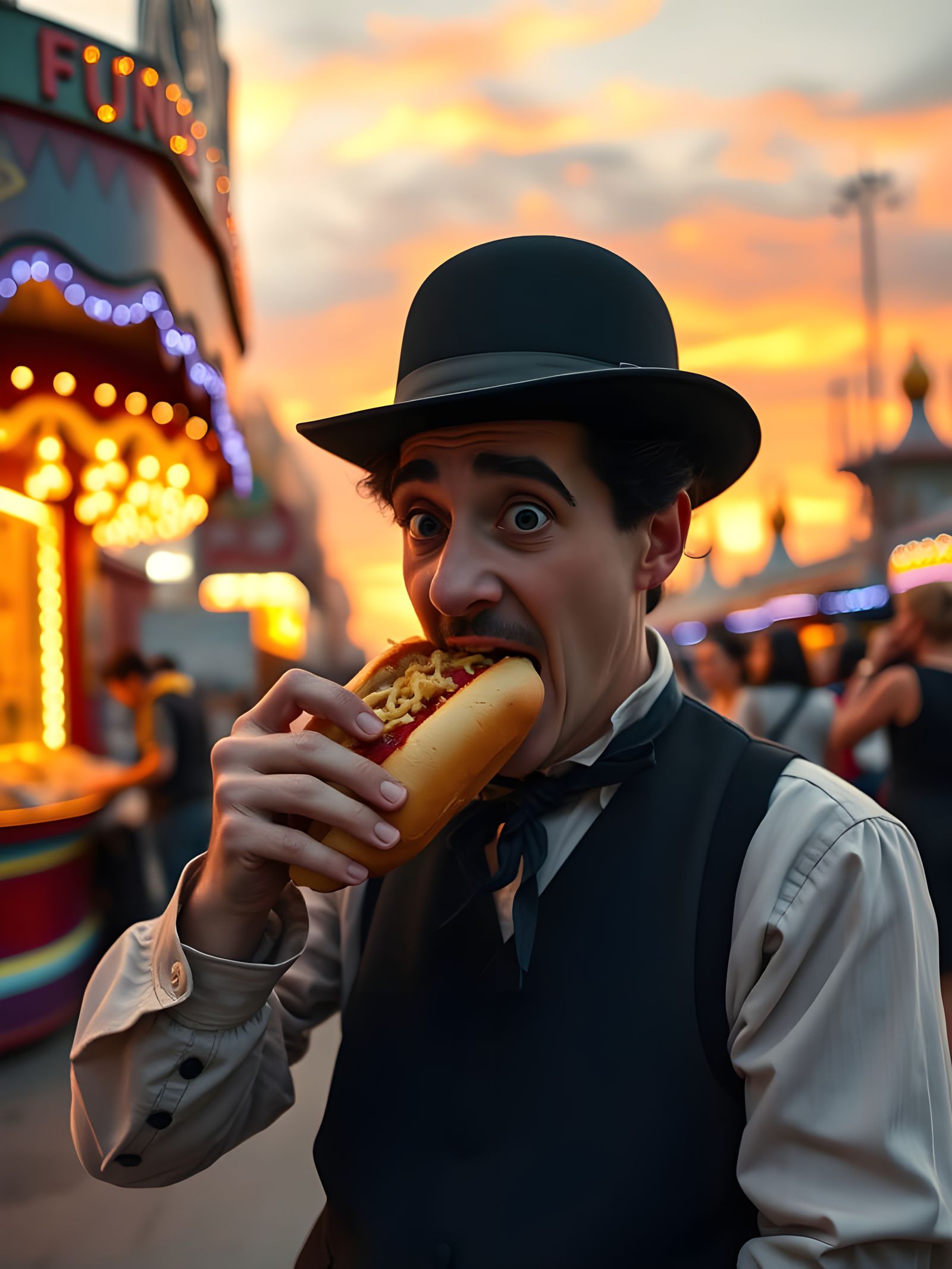 Charlie Chaplin at a Carnival Sunset Eats a Hotdog