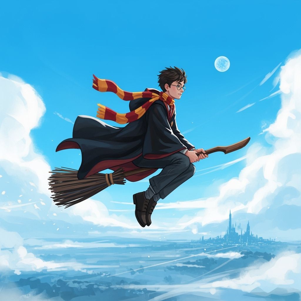 Wizard Soaring on Broomstick in Illustrative Style