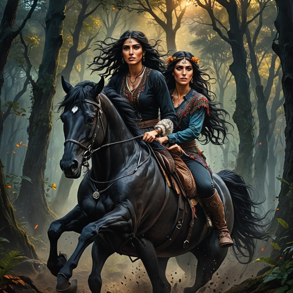 Gypsy Girl and Black Horse in Mystical Forest