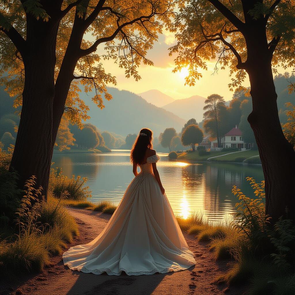 Princess in Vibrant Landscape, Rembrandt Style Matte Paintin...