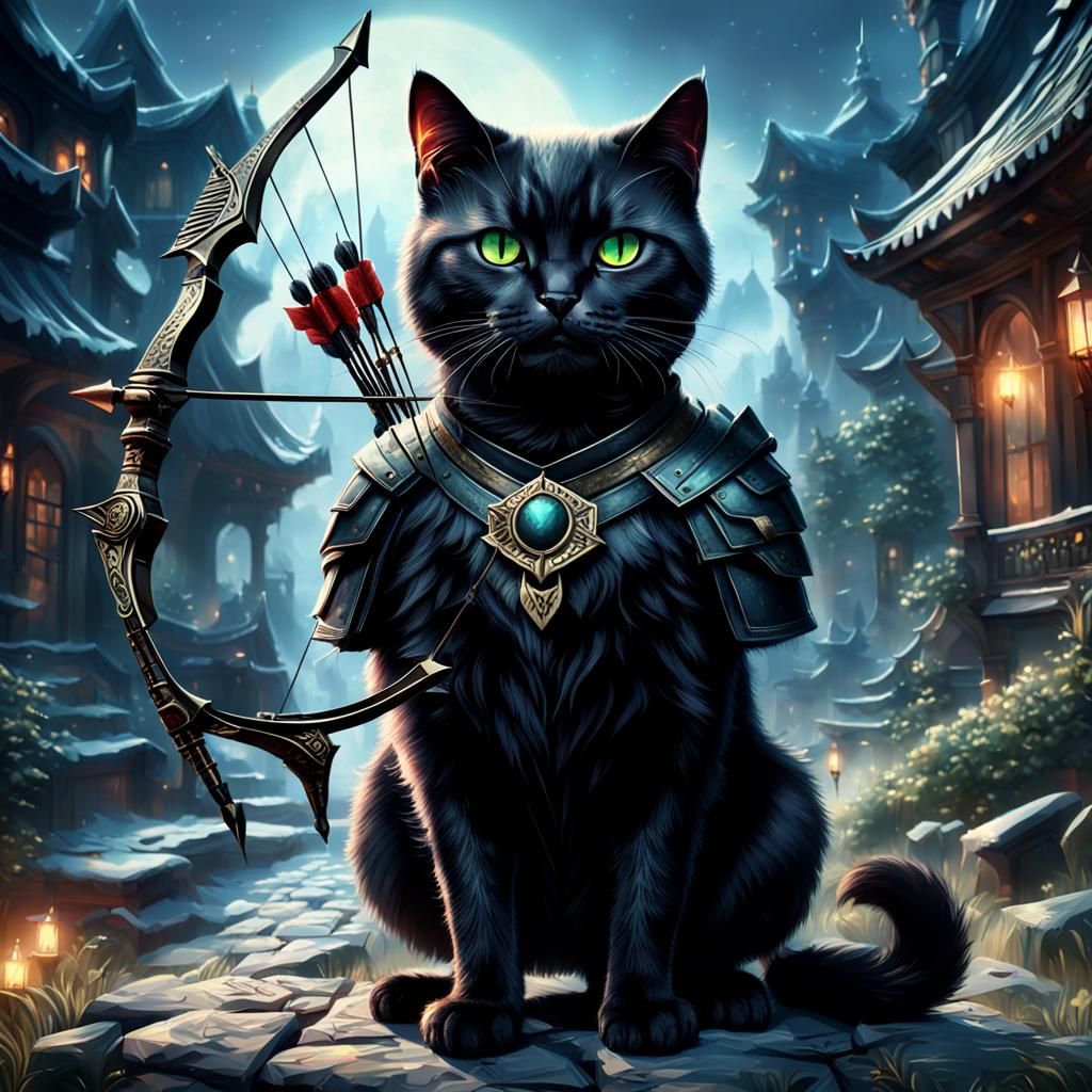 Black Cat Archer in Epic Digital Painting