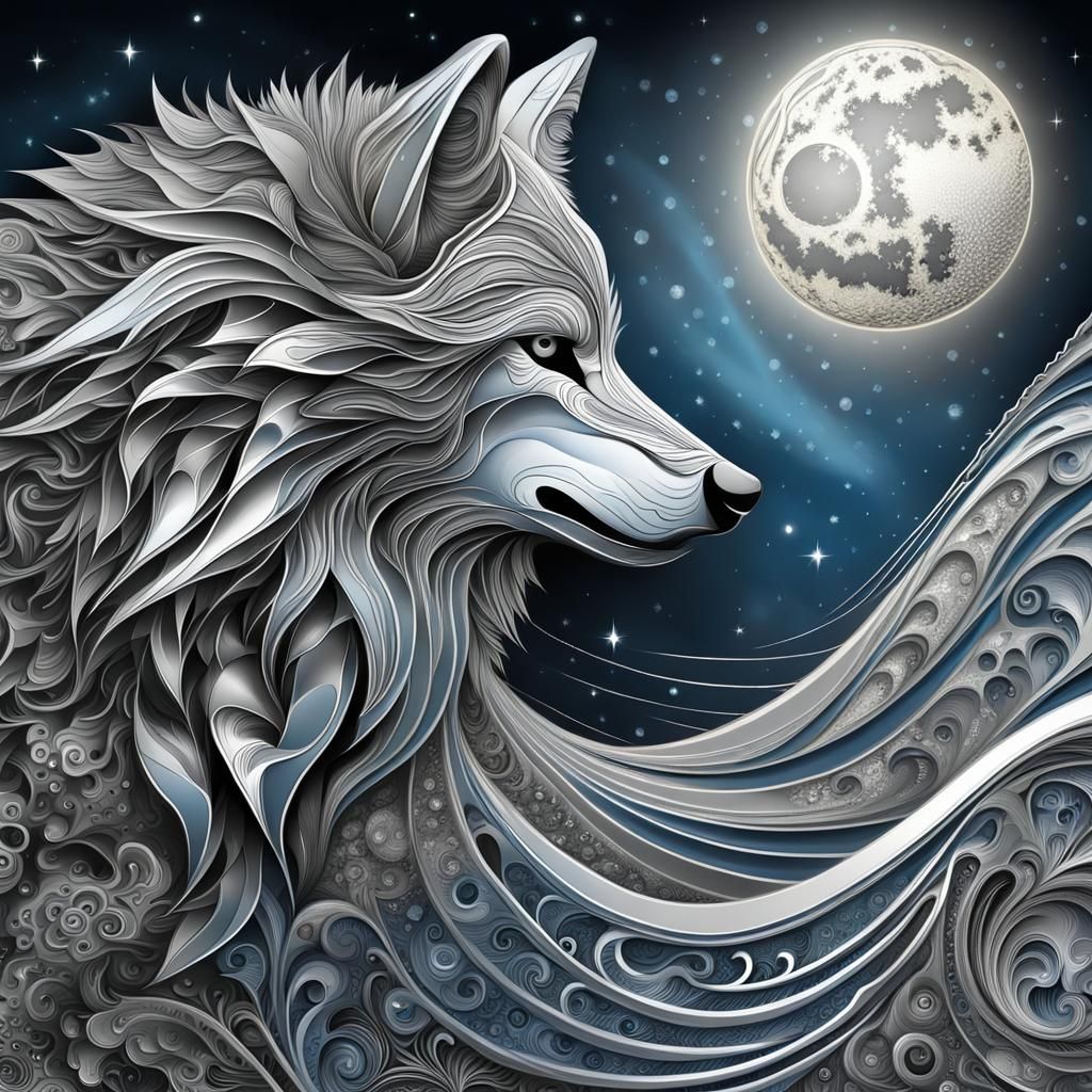 Detailed Silver Wolf and Moon Close-Up