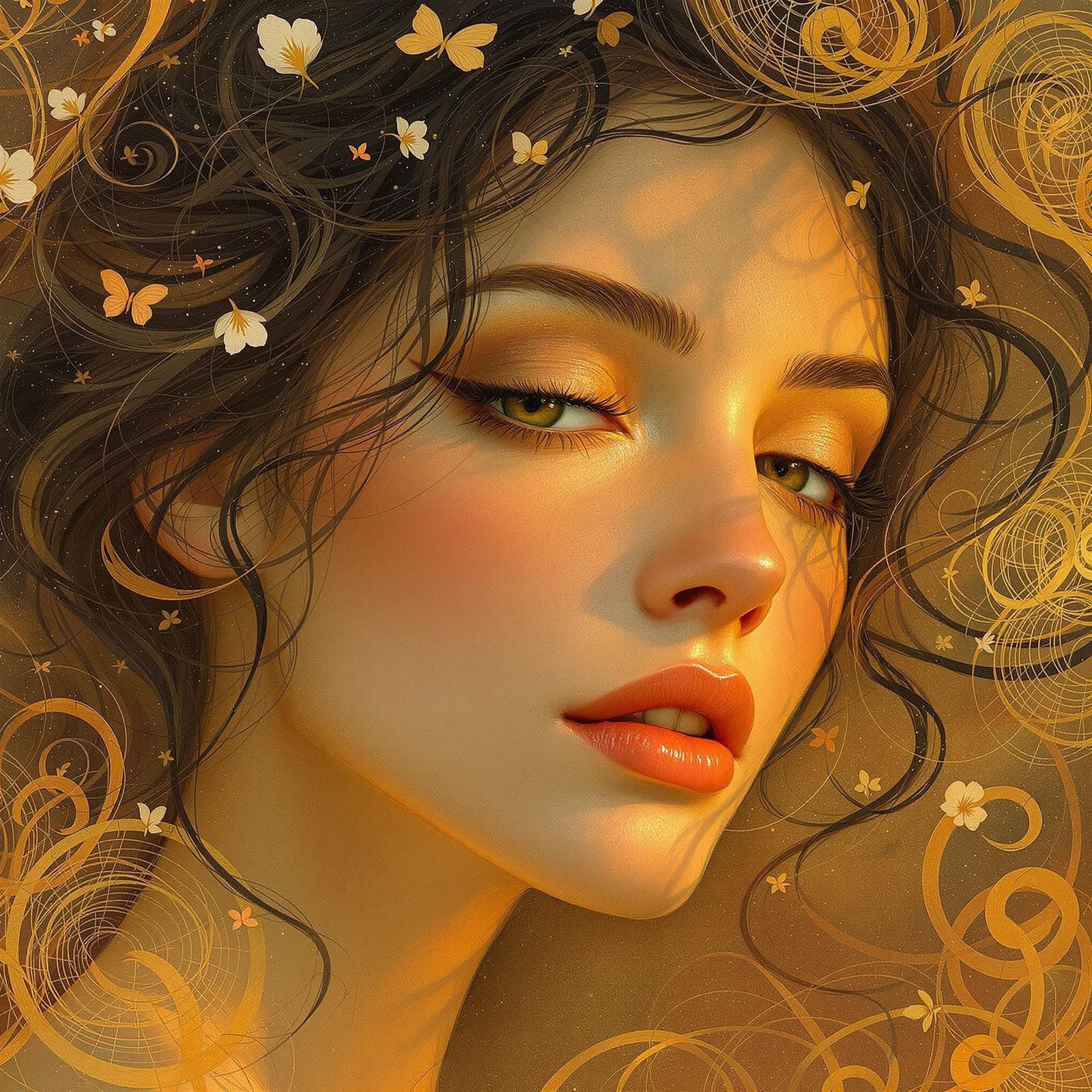 Woman's Face with Amber Undertones in Dreamy Pastel Style