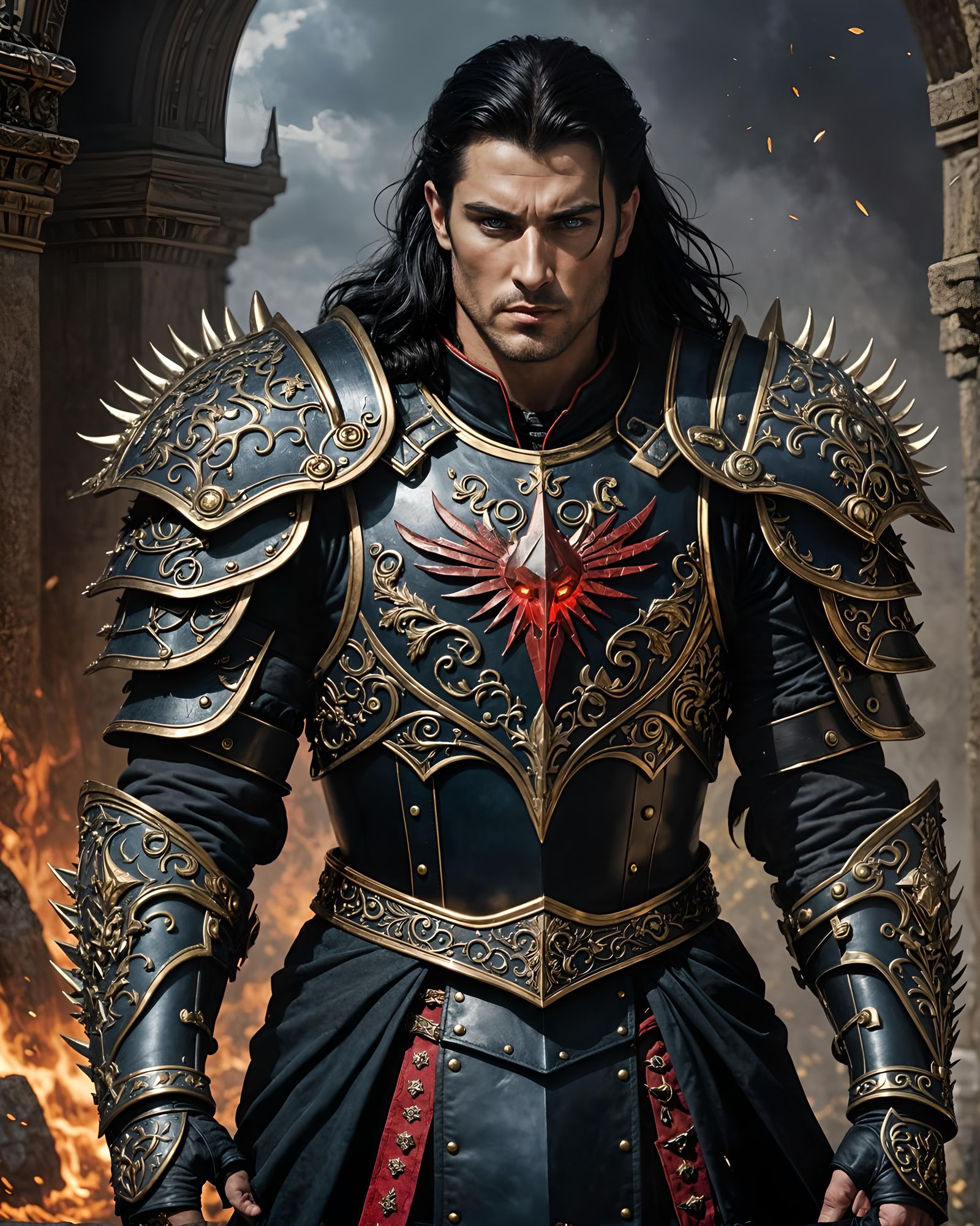 Dark Warrior with Enchanted Armor and Flaming Sword