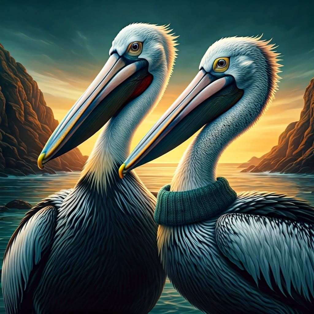 Pelicans in Sweaters: Hyperrealistic Concept Art