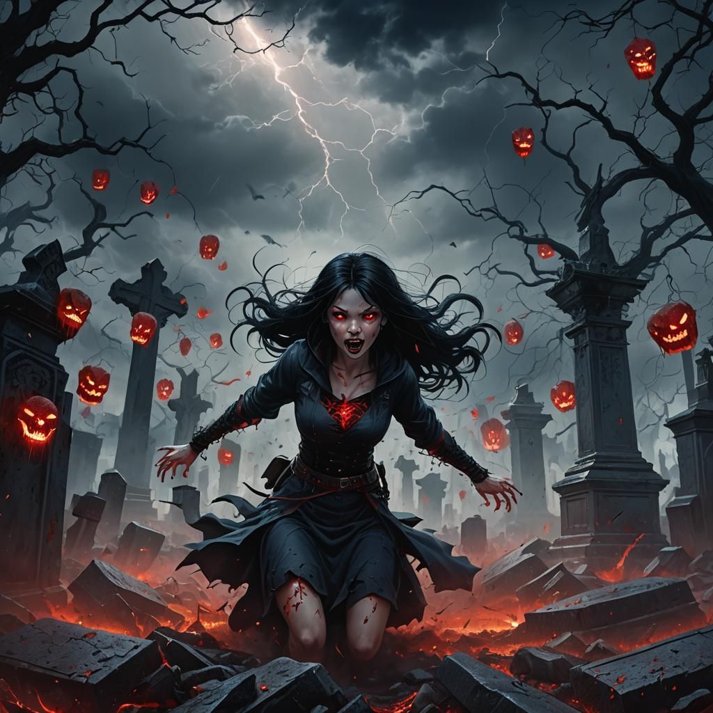 Eerie Dark Fantasy Girl in Stormy Graveyard