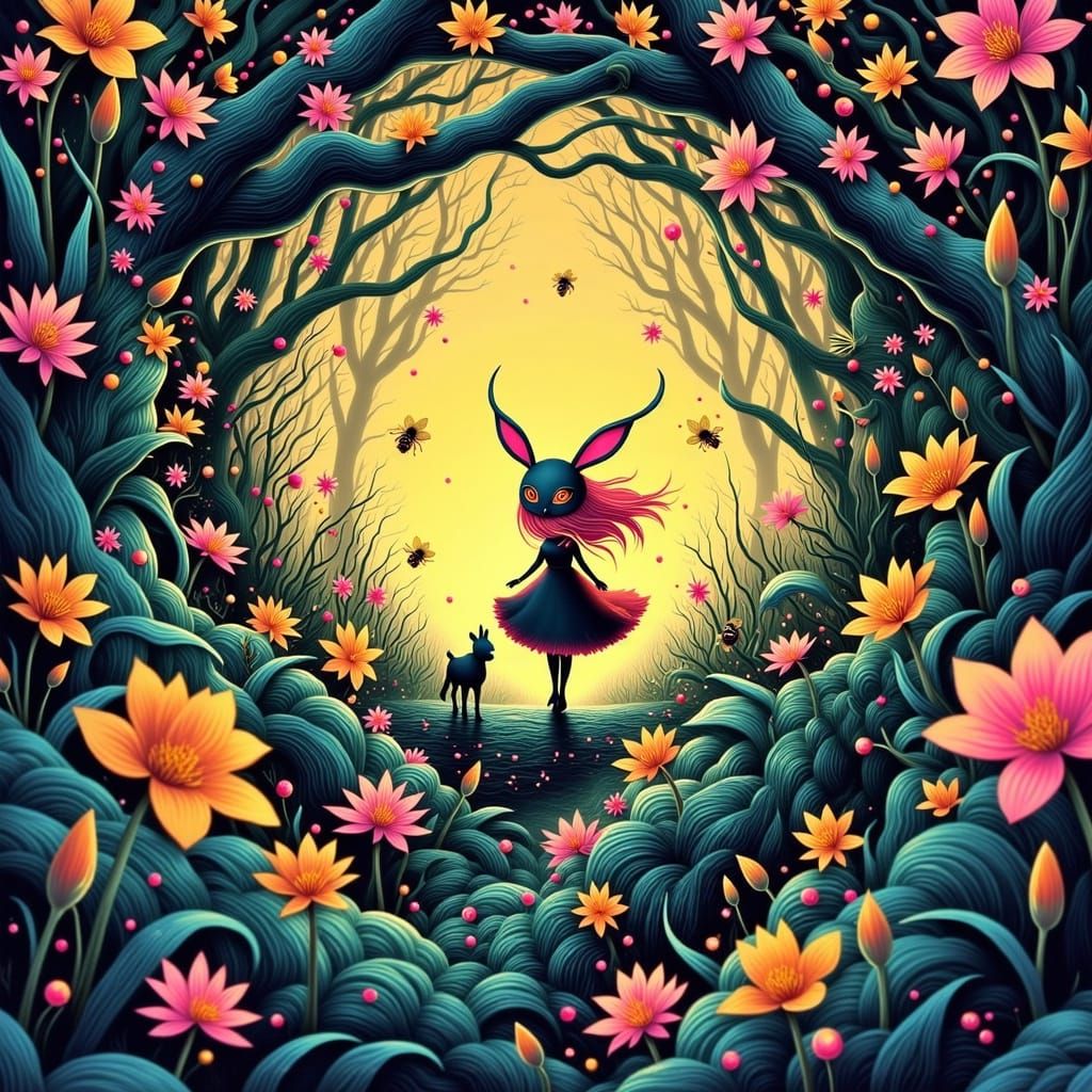 Mystical Garden Goddess with Bunny Mask and Wolf Companion