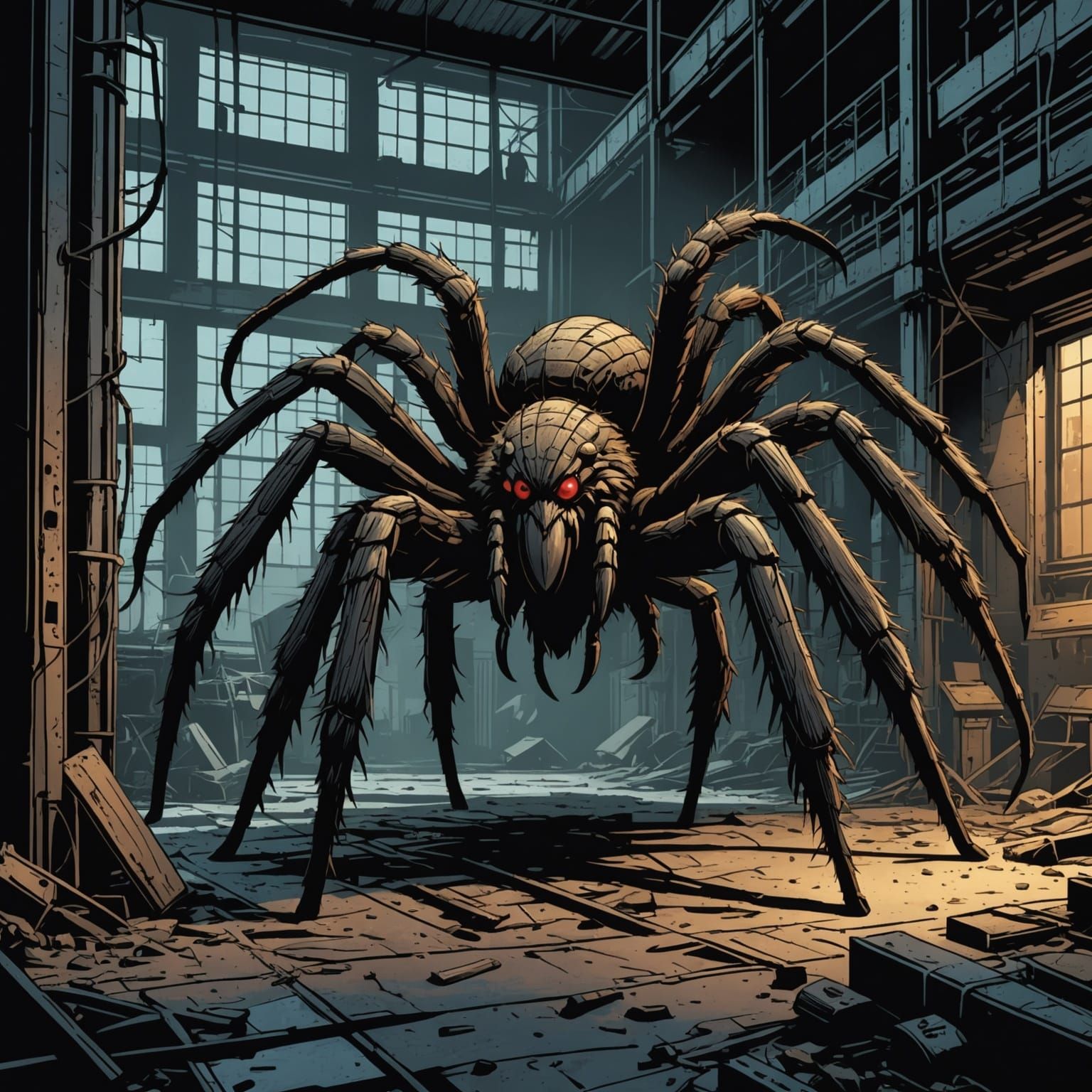 Giant Tarantula in Dilapidated Factory: Comic Book Art
