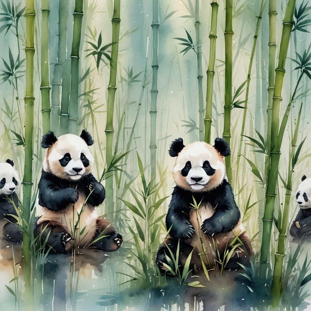 Baby Panda in Misty Bamboo Forest: Watercolor Illustration