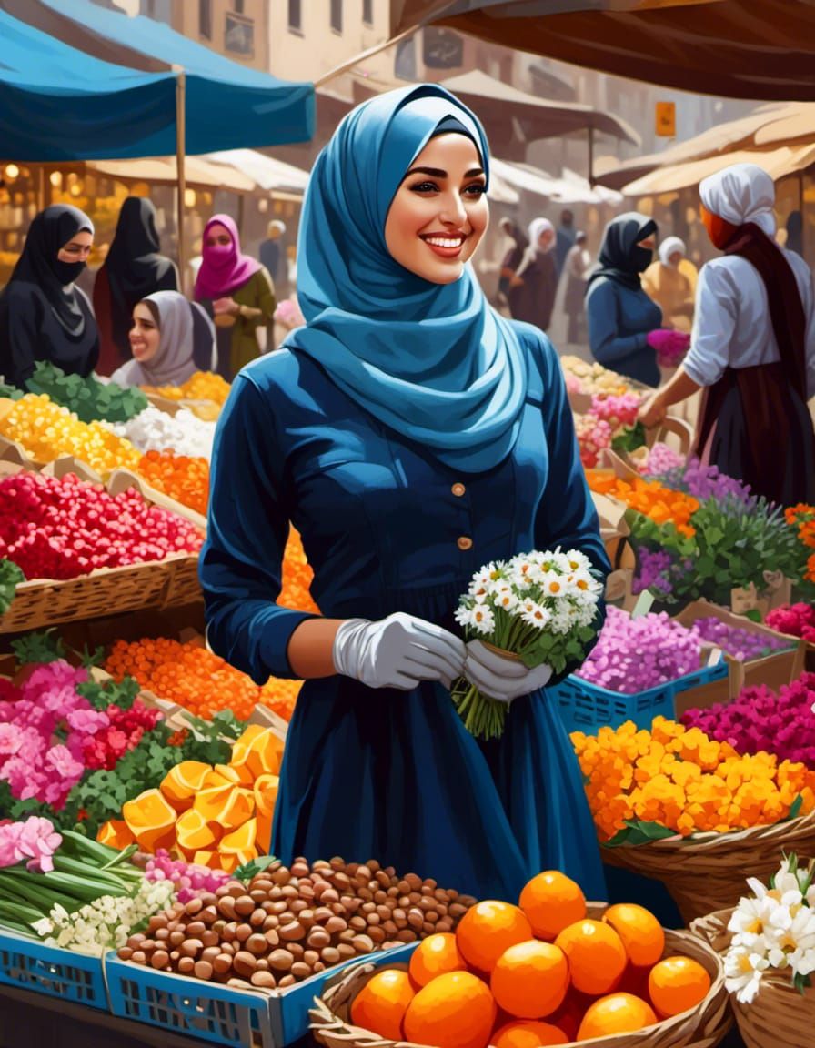 Smiling Hijabi Market Woman in Dreamy Oil Painting