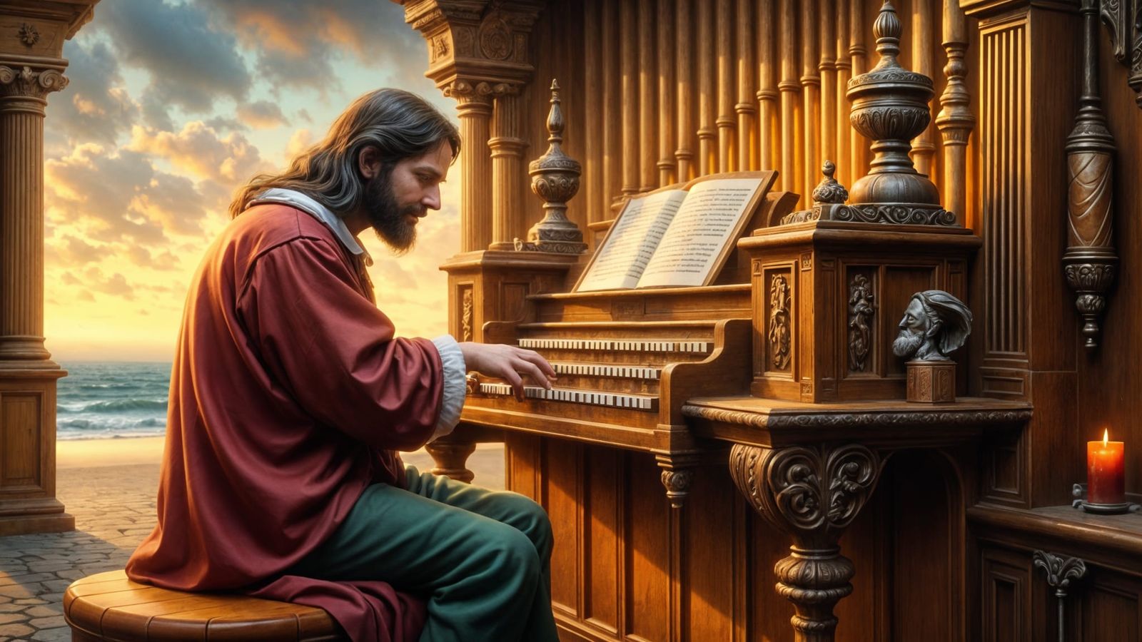 Renaissance Master Plays Organ in Ethereal Hyperrealistic Sc...