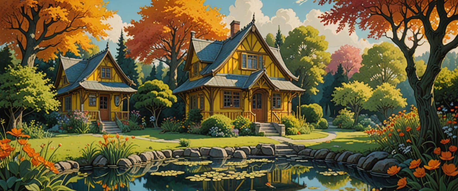 Whimsical Village House with Koi Pond in Early Morning Light