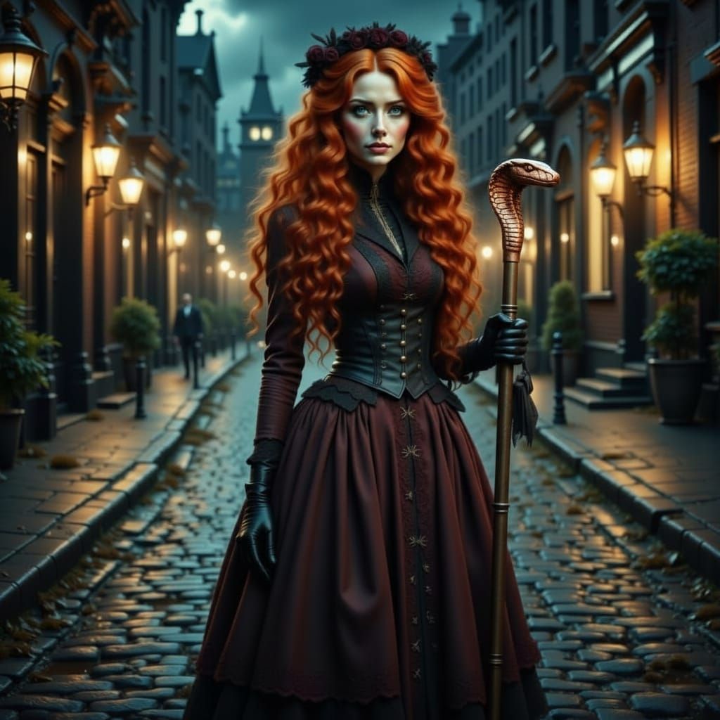 Victorian Redhead With Snake Crutch At Night