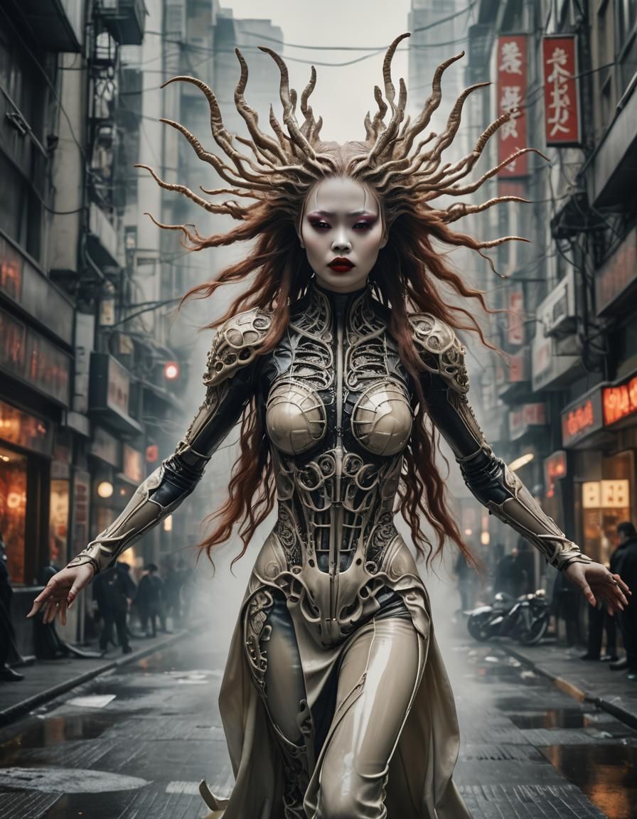 Asian Angel in Cyberpunk Cityscape