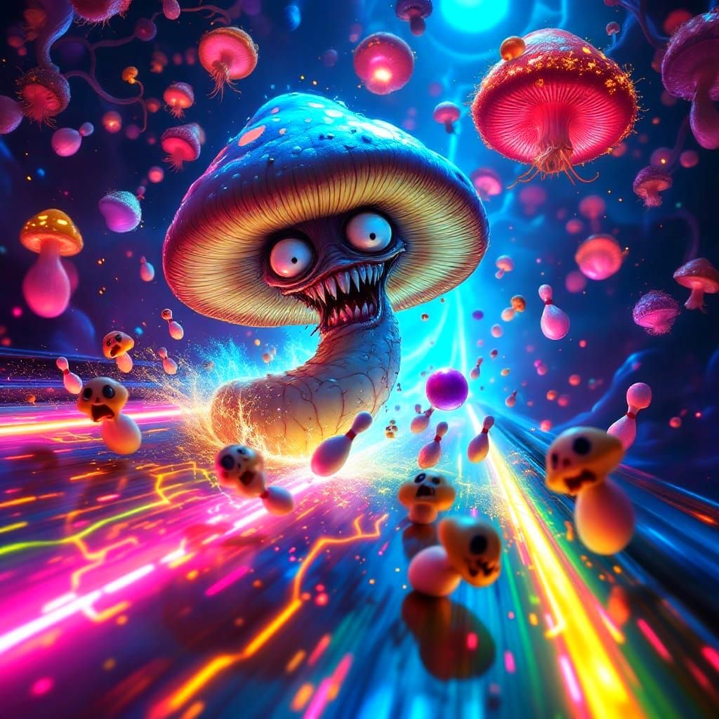 Surrealistic Mushroom Invasion on a Neon Bowling Lane