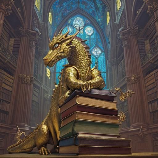 Regal Dragon in Grand Library: Gouache Painting