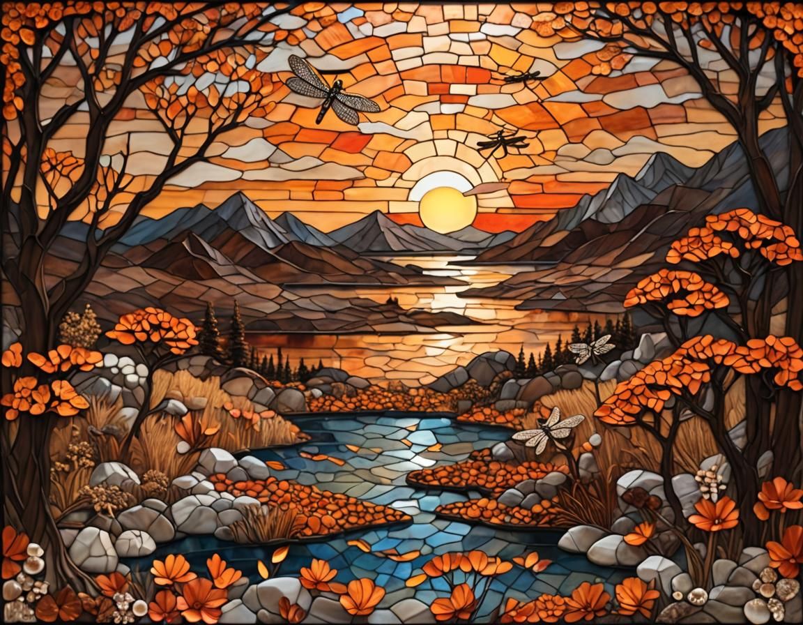 Sunset Over Bronze Lake in Stained Glass Mosaic