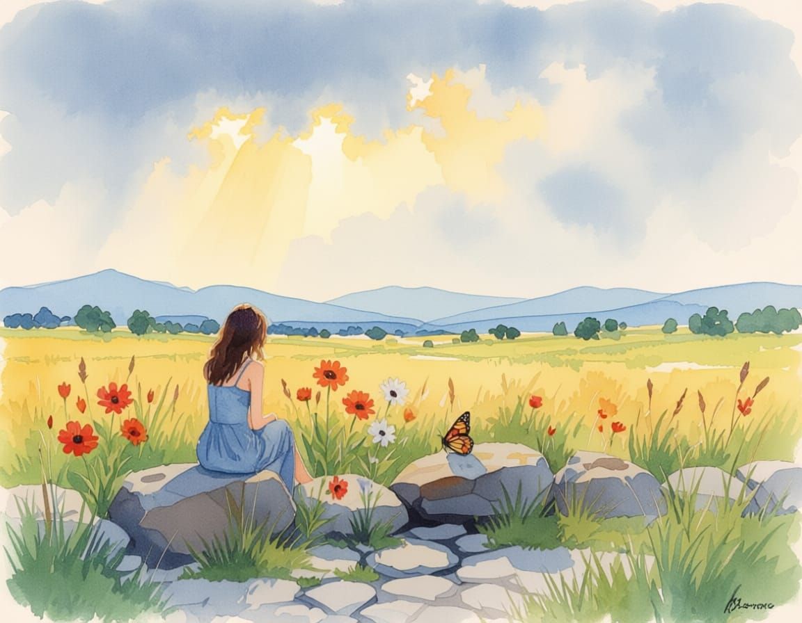 Watercolor Flowers Amidst Stones and Mountains