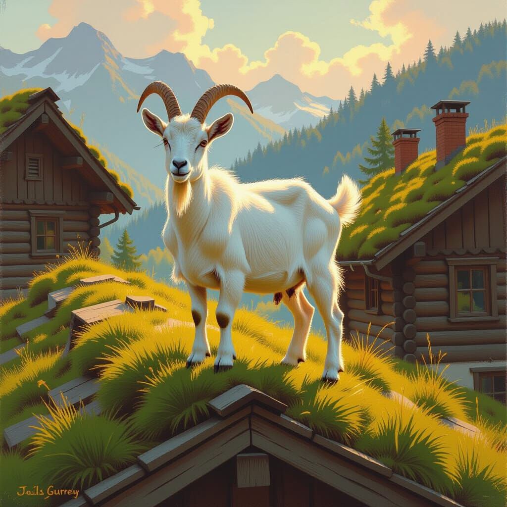 Oil Painting of a Proud Billy Goat on a Grass Roof