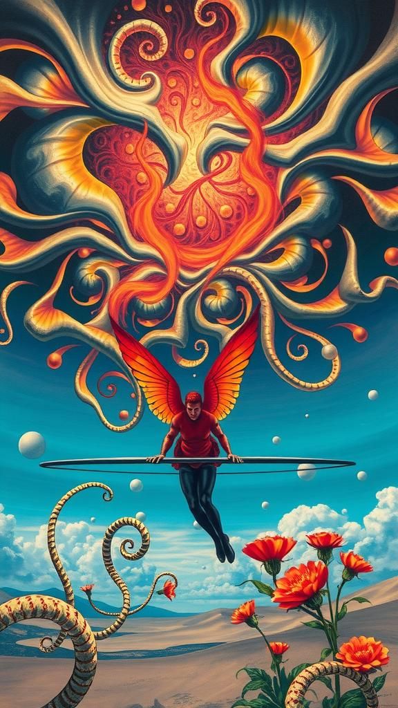 Surreal Landscape with Elastic Flora and Winged Fairy