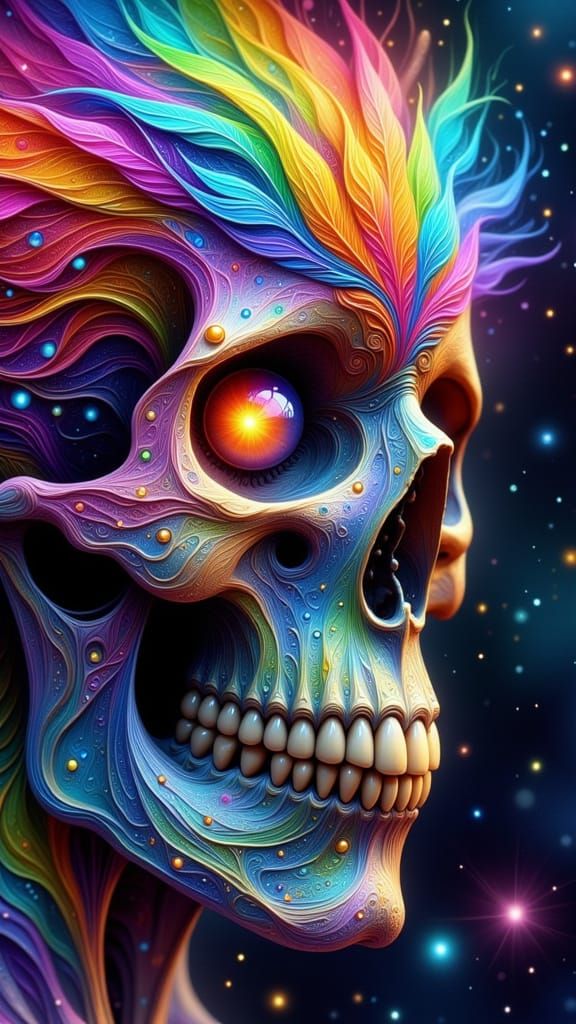 Majestic Rainbow Skull with Fractal Feathers