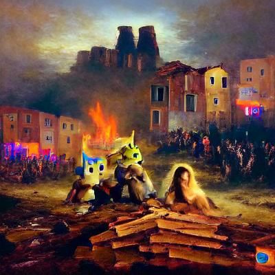 Humanoids by Bonfire in Neoclassical City Ruins