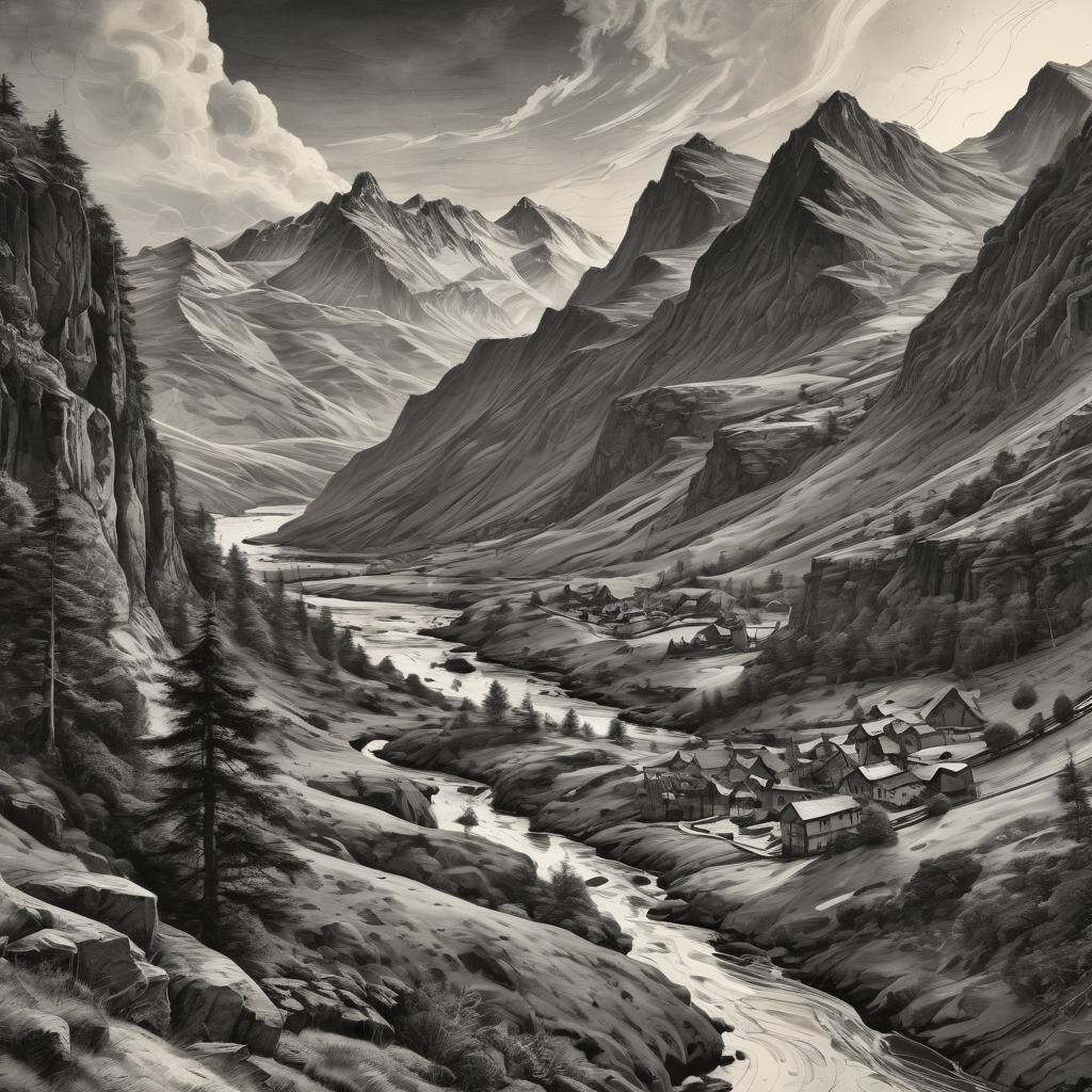 Scottish Highlands: Futuristic Pencil Sketch with Lighting