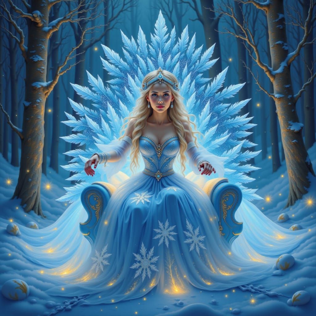 Siberian Princess on Ice Throne in Bioluminescent Grotto