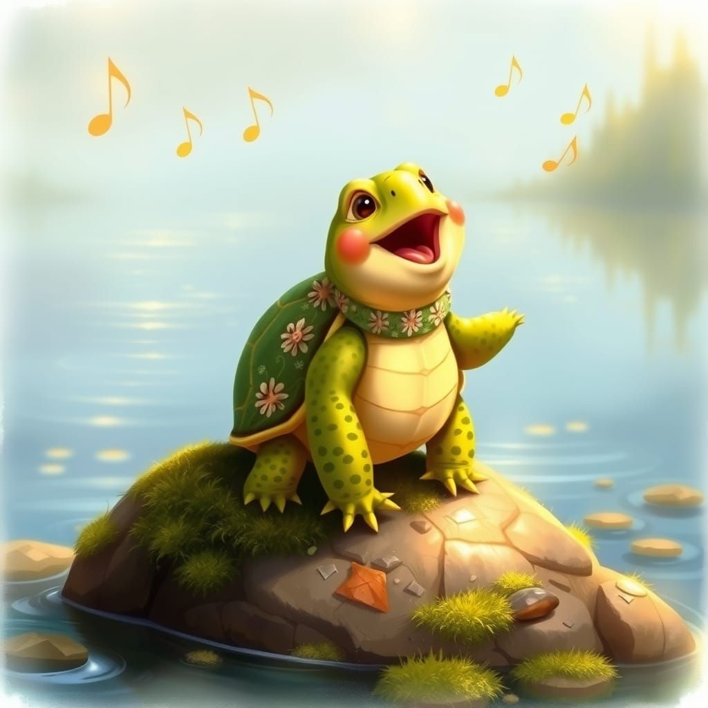 Whimsical Singing Turtle in Lake Scene