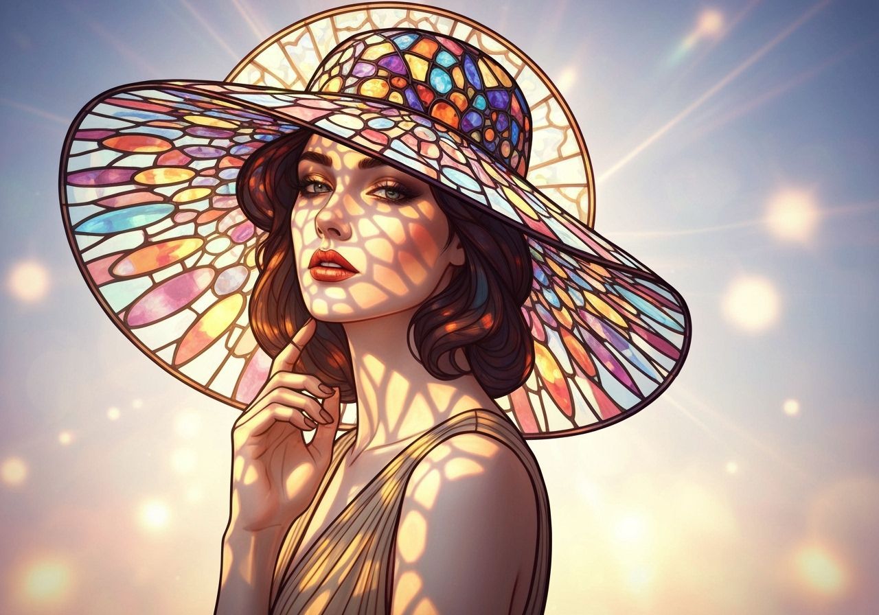 Woman in Stained Glass Hat Casting Kaleidoscopic Light