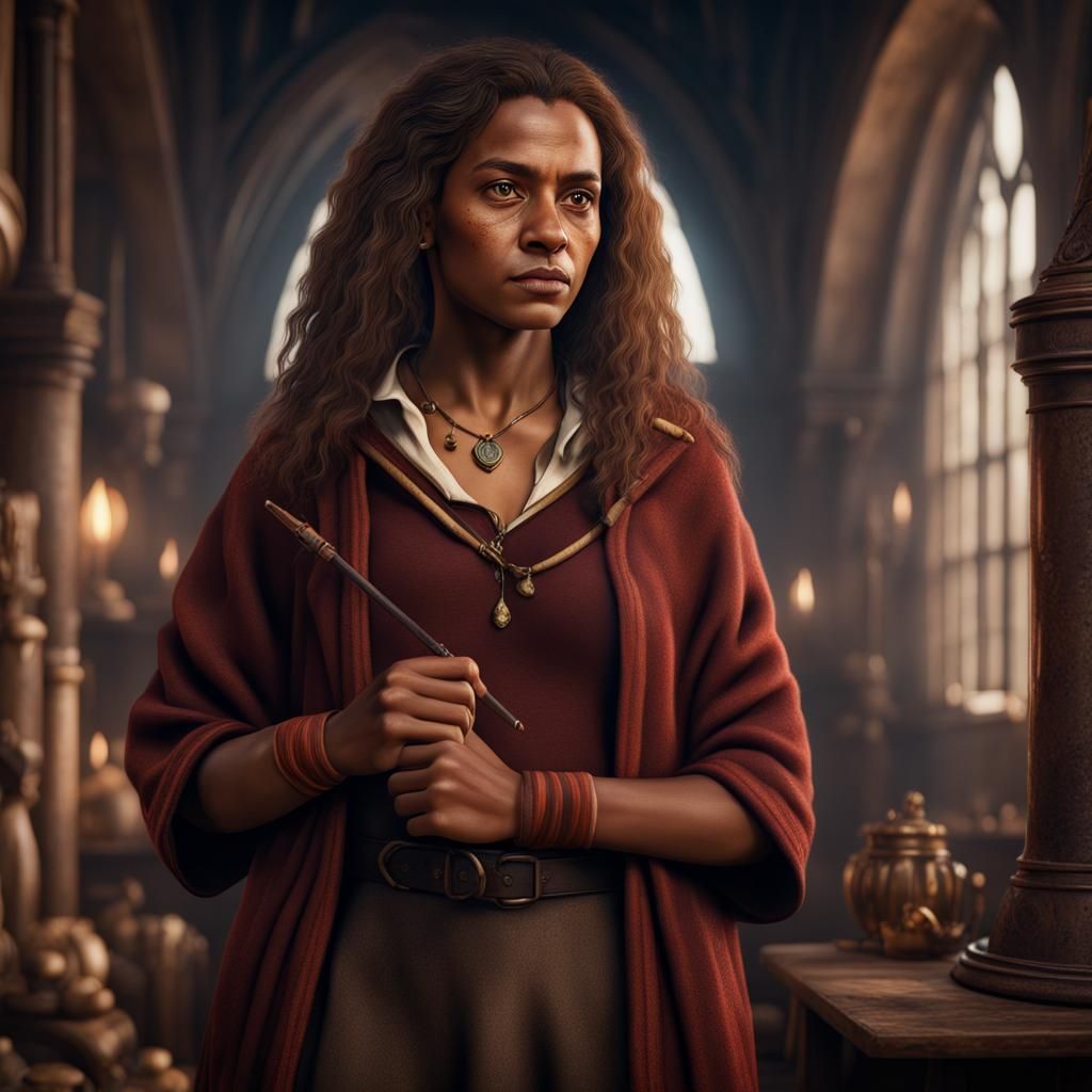 Hyperrealistic Amerindian Woman as Hermione Granger